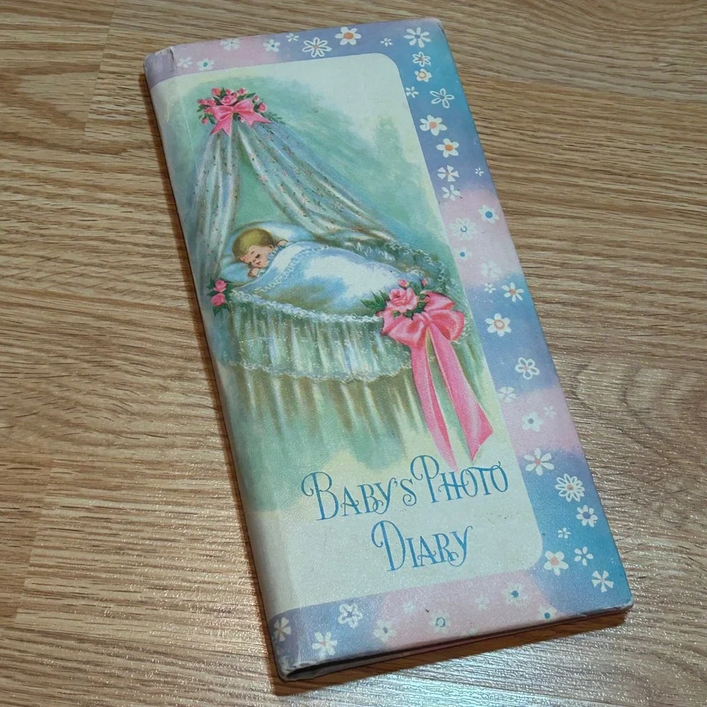 Vintage Baby Photo Diary Unused Memory Book Mid Century Floral Pink Blue